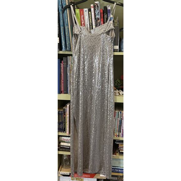 Bebe Silver Dress Sequin Maxi Small Prelude Bolero Shrug Party Gown Cocktail EUC - Picture 7 of 7